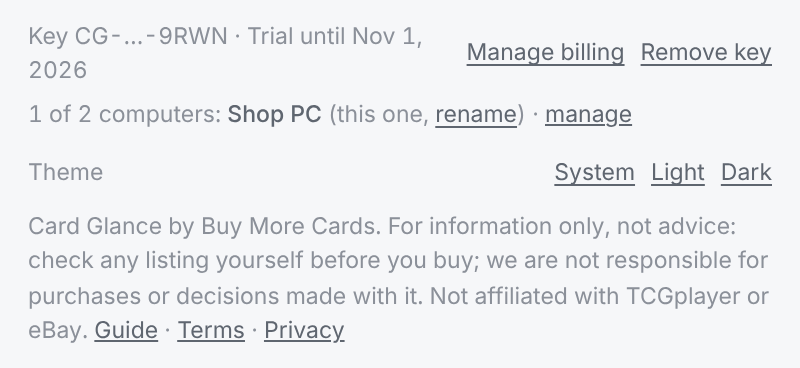 The panel footer: key and trial date, Manage billing, Remove key, computers, theme and the disclaimer