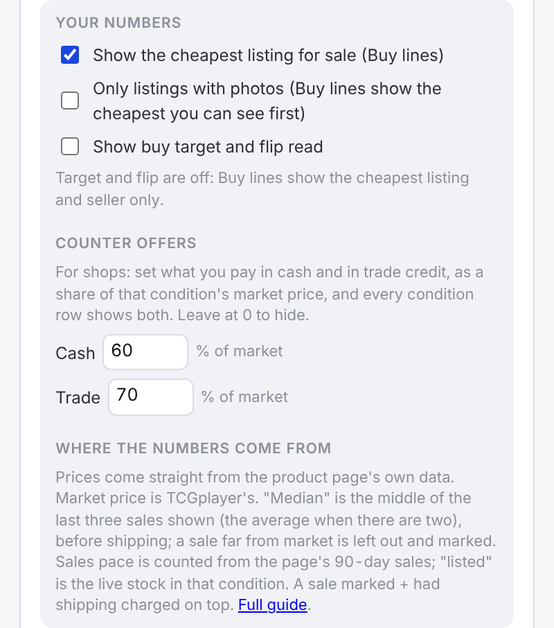 The gear panel: switches for the cheapest listing and the flip read, and fields for buy target, seller fee, fixed fee and shipping