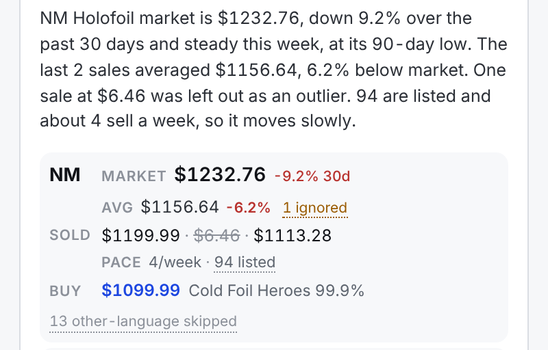 An Umbreon read where a $6.46 sale is struck through and marked ignored, with the read explaining it