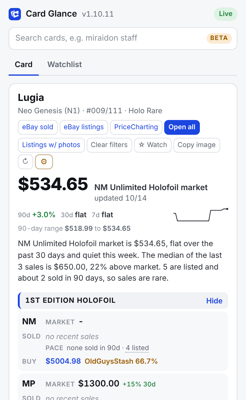 The Card Glance side panel on a Lugia card page: the market price, trend, a three-sentence read and the first condition rows