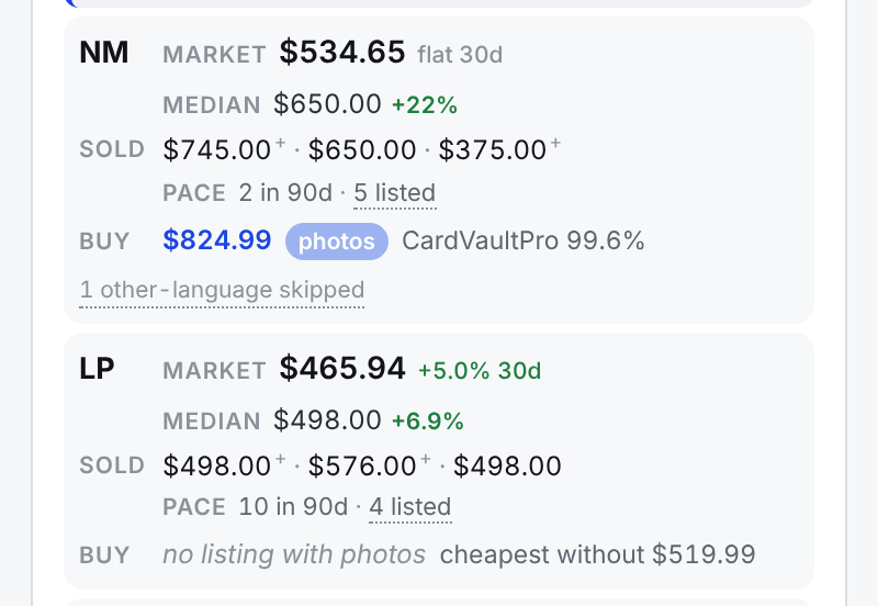 Condition rows with the photos switch on: NM shows the cheapest photo listing with a photos tag, LP says no listing with photos and shows the cheapest without