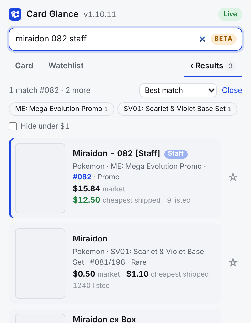 Search results for miraidon 082 staff: the staff promo first with a Staff tag and its market price, then the regular card and a box