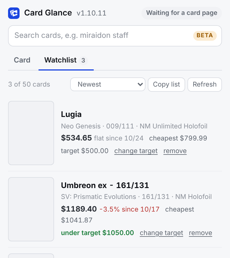 The Watchlist tab with three starred cards, their change since starred, cheapest listing and targets