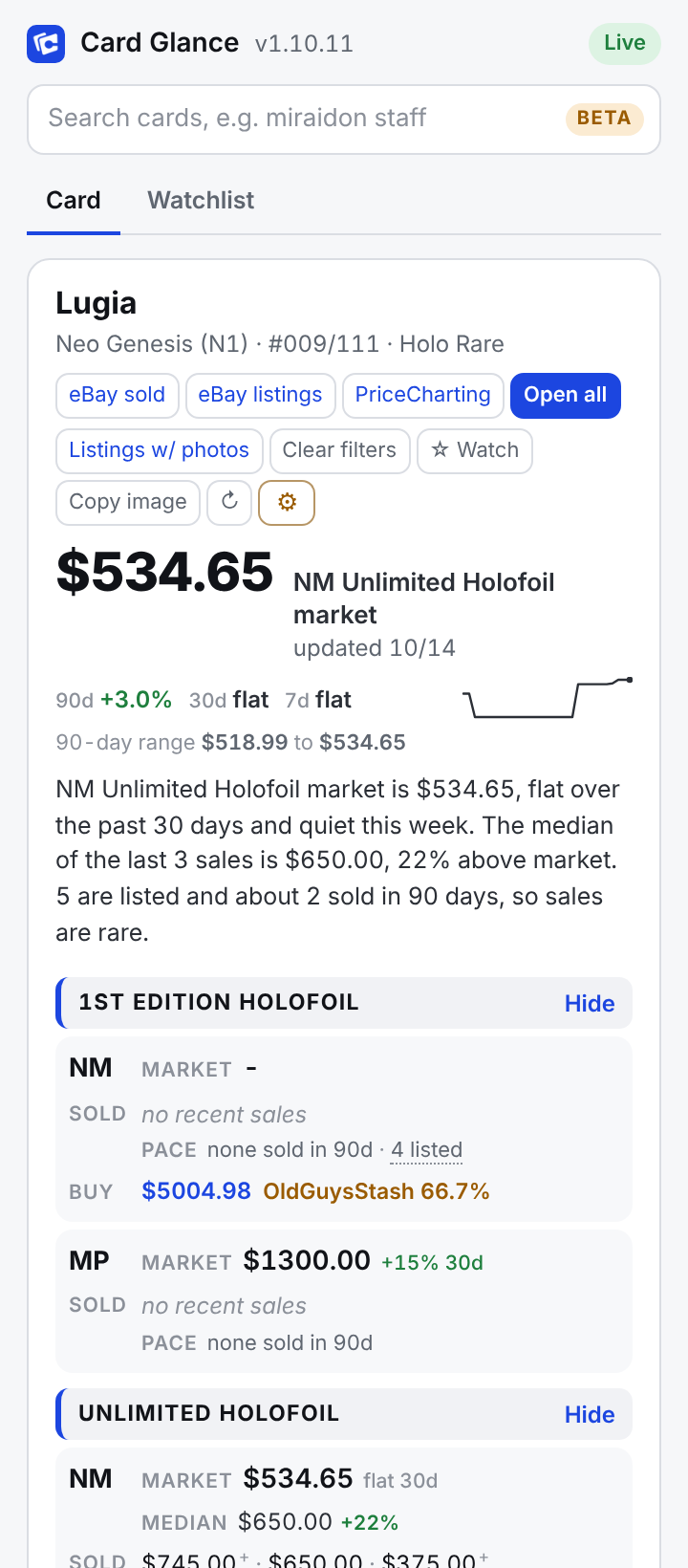 The Card Glance side panel on Lugia, Neo Genesis: NM Unlimited Holofoil market $534.65, trend, market read, recent sales and the lowest shipped listing
